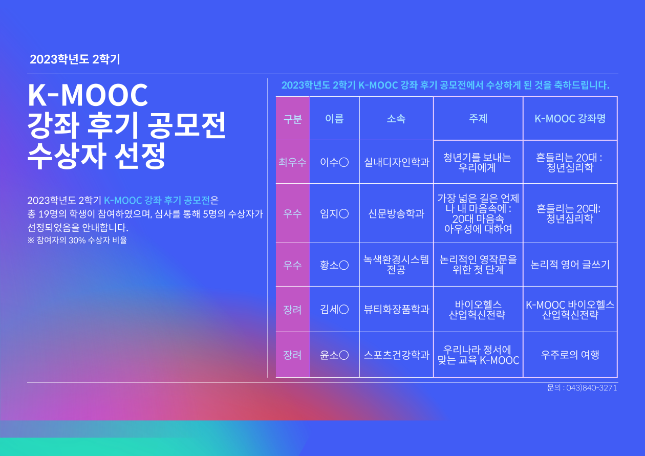 2023-2 K-MOOC 강좌 후기 공모전 수상자 선정 포스터
